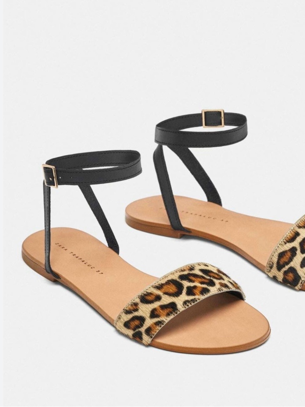 Zara Leopard Print Ankle-Strap Flat Sandals - Black & Leopard